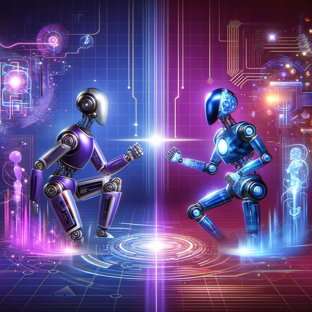 futuristic-illustration-showing-two-robots-representing-GPT-4-and-Claude-2.1-engaged-in-a-friendly-competition